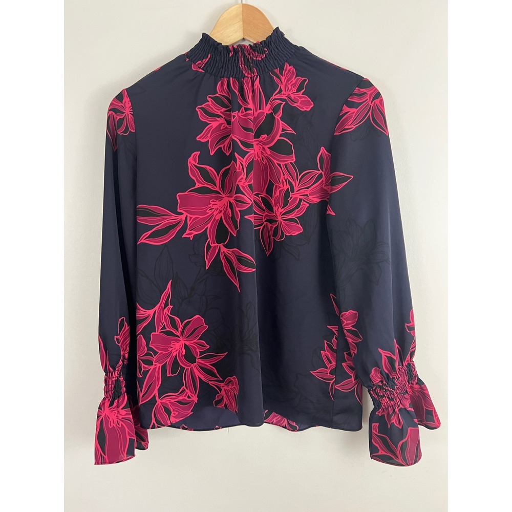 MISA Los Angeles Giana Blouse Women S Pink Floral Smocked Mock Neck Long Sleeve